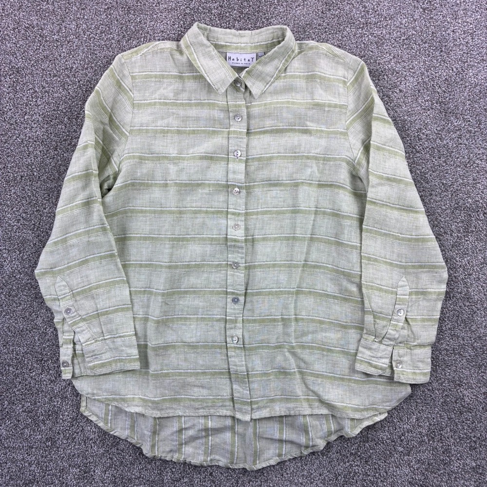 Habitat Shirt Women's Small Green Striped Linen Button Up Clothes To Live In